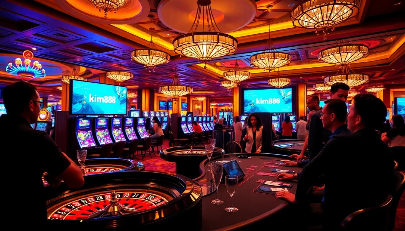 Experience the excitement of gambling at KIM88 with players engaged in poker and roulette.