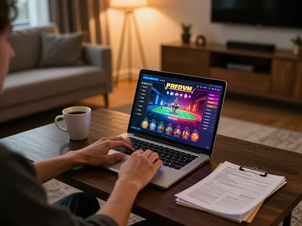 Kuwin user enjoying online gambling on a laptop with a vibrant casino interface and strategy notes.