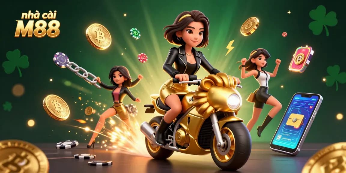 Experience excitement at nhà cái M88 with a glamorous Asian woman riding a golden lion, surrounded by dynamic casino elements and crypto coins.