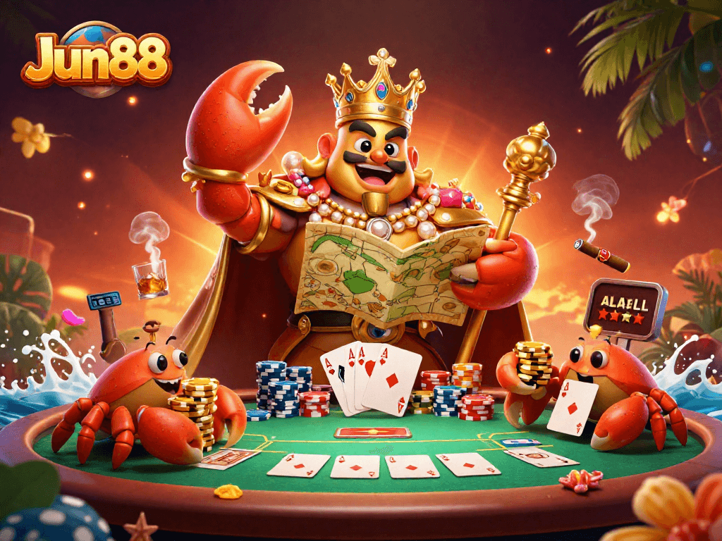 Experience thrilling gameplay at Jun88 with a vibrant poker scene featuring a golden crab emperor.