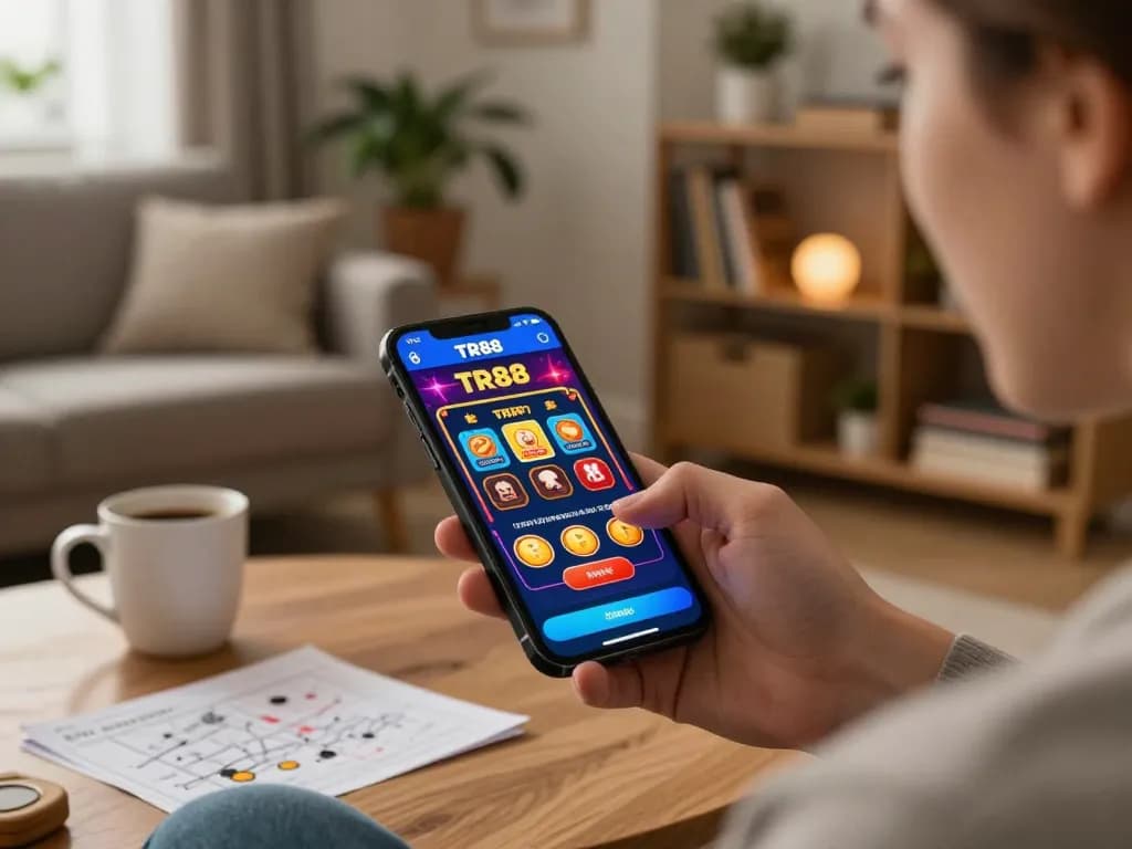 Engaging with TR88 bet app for online gambling, vibrant home setup with casino games