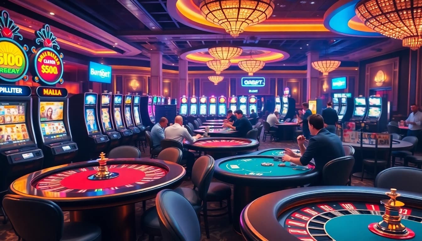 Players enjoying high-stakes games at 8kbet's luxurious online casino with vibrant atmosphere.