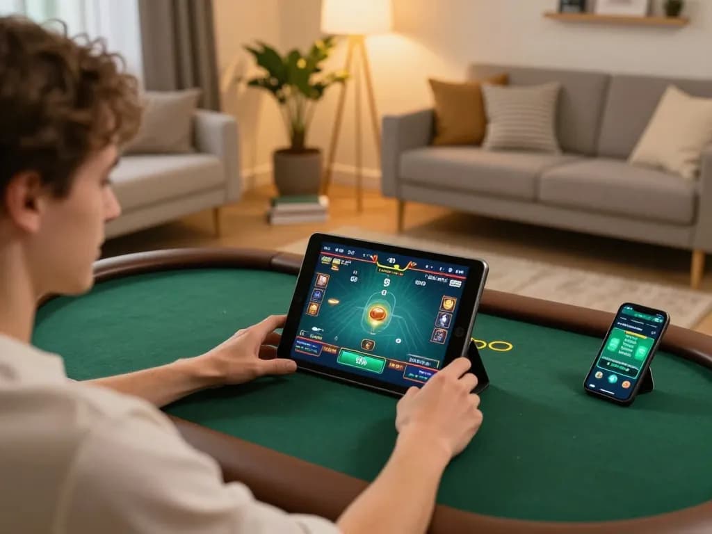 Player enjoying qq88 online poker on a tablet in a cozy home setting, highlighting strategic gameplay.
