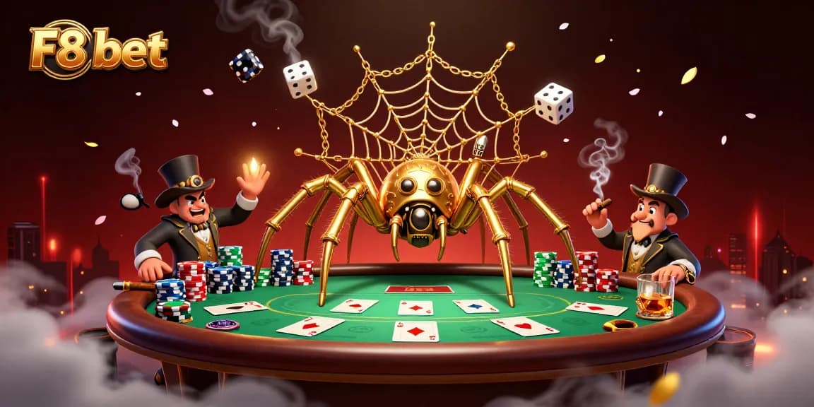 Engage with F8 bet's thrilling steampunk casino adventure featuring a golden spider and poker gameplay.