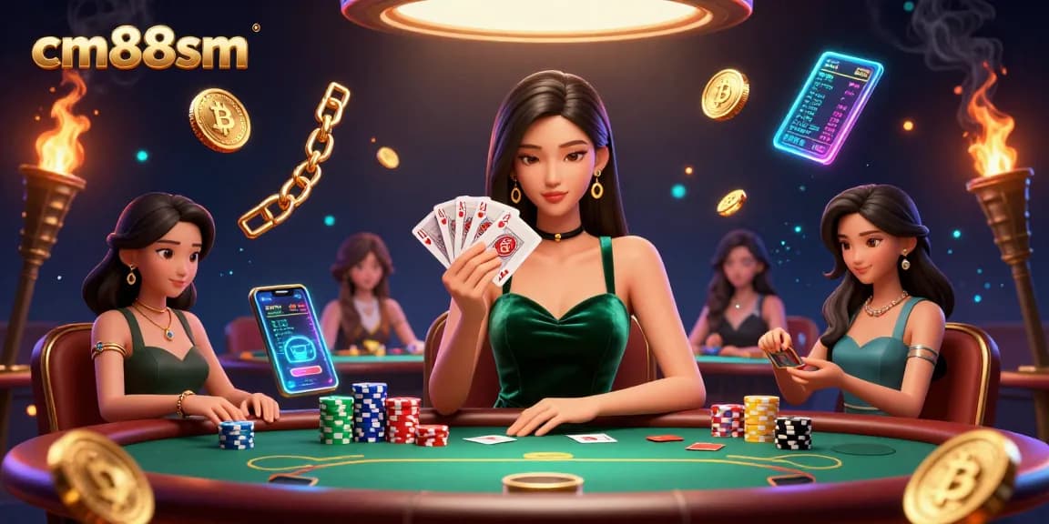 Play strategically at cm88sm's luxurious poker table with vibrant casino elements.