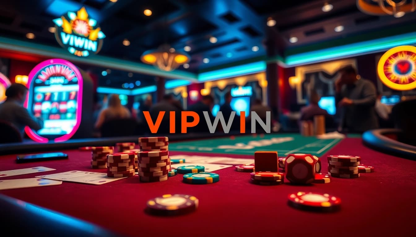 VIPWIN casino players enjoy an exciting evening at a luxurious gaming table with vibrant colors.