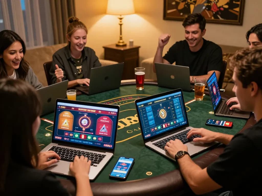 Players enjoying dynamic online gambling experiences at BJ88 with laptops and smartphones, celebrating wins.