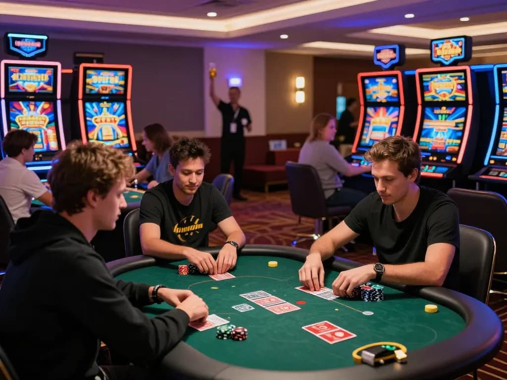 Exciting online gaming scene at gem88 casino with players at poker and slots.