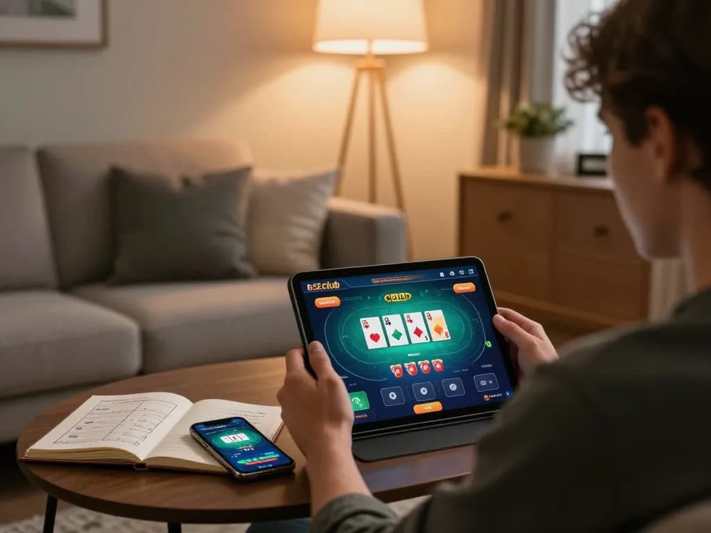 Player engaged in poker game on b52club app displayed on tablet in cozy home setting.