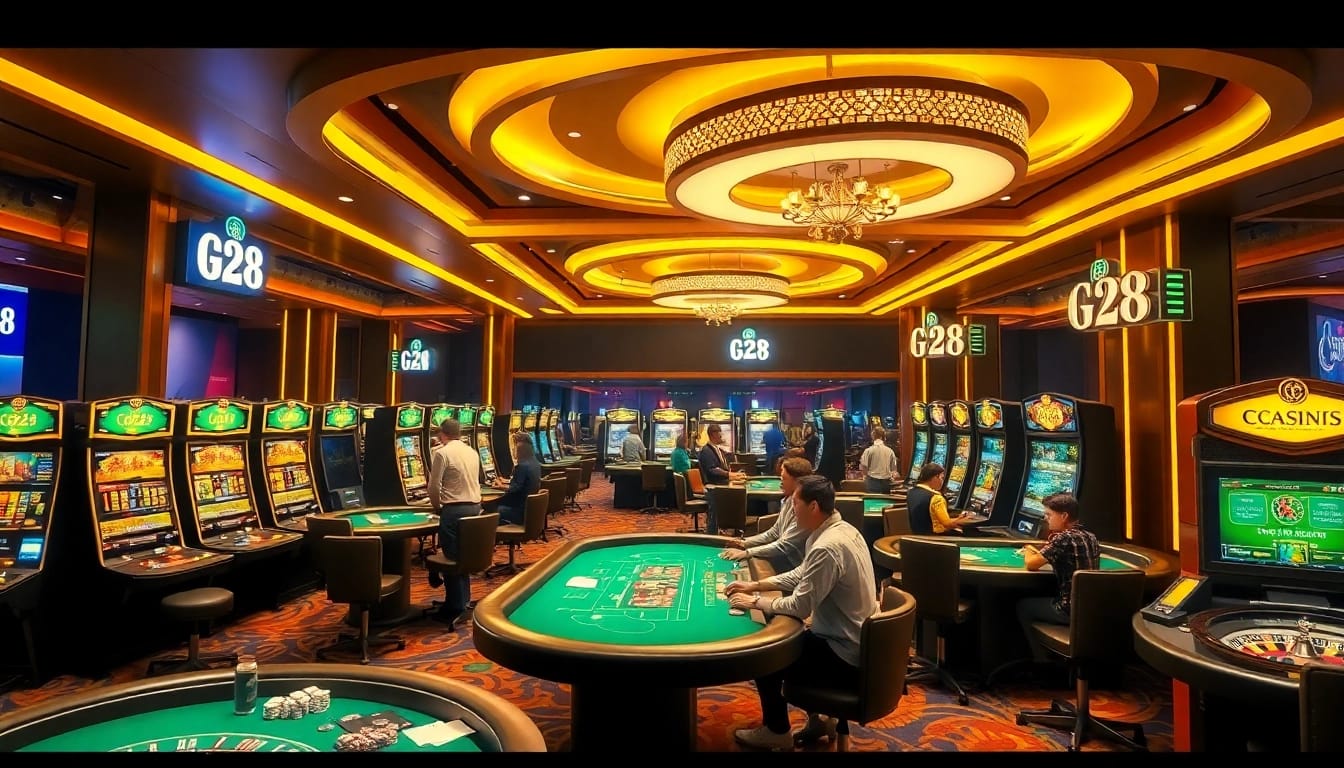 G28 casino gaming experience with players enjoying poker, roulette, and vibrant atmosphere.