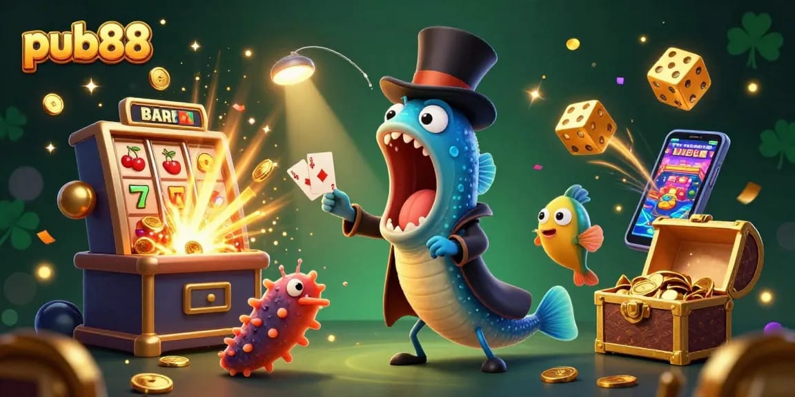 Experience the excitement of pub88 with a vibrant casino-themed magical scene full of colorful elements and characters.