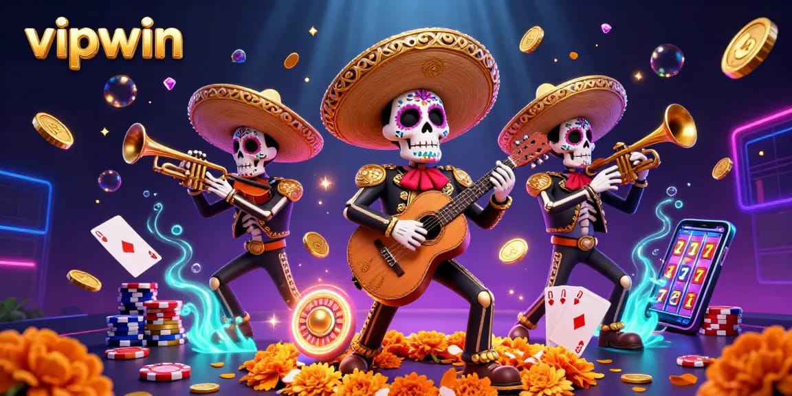 Experience the thrill of playing at vipwin as a vibrant Dia de los Muertos mariachi band fills the scene with golden coins and casino elements.
