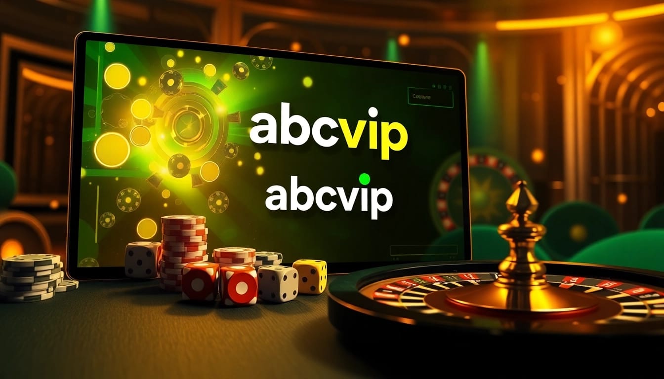 Engage with exciting online gambling experiences at abcvip through a vibrant casino interface filled with poker chips and roulette wheels.