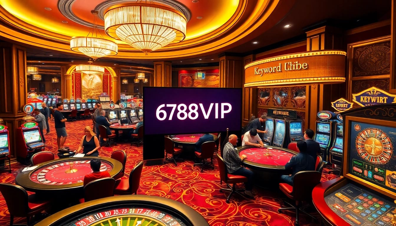 Exciting casino scene featuring players at gaming tables and vibrant slot machines highlighting 678VIP's luxurious atmosphere.