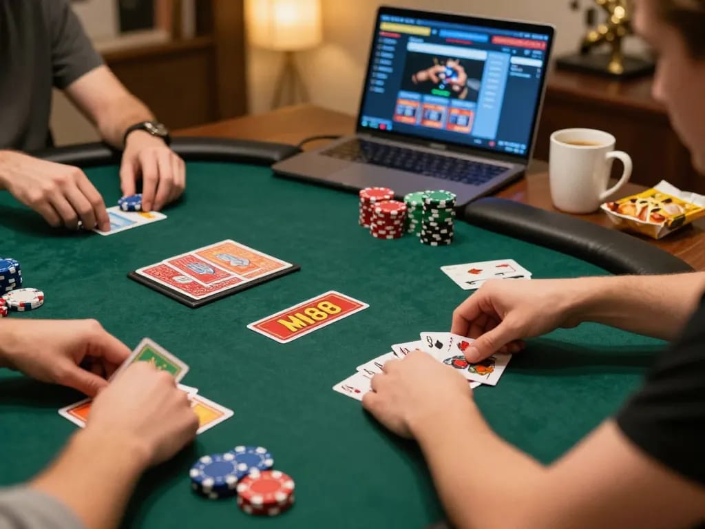 Engaging poker gameplay scene at home with players enjoying MM88 online.