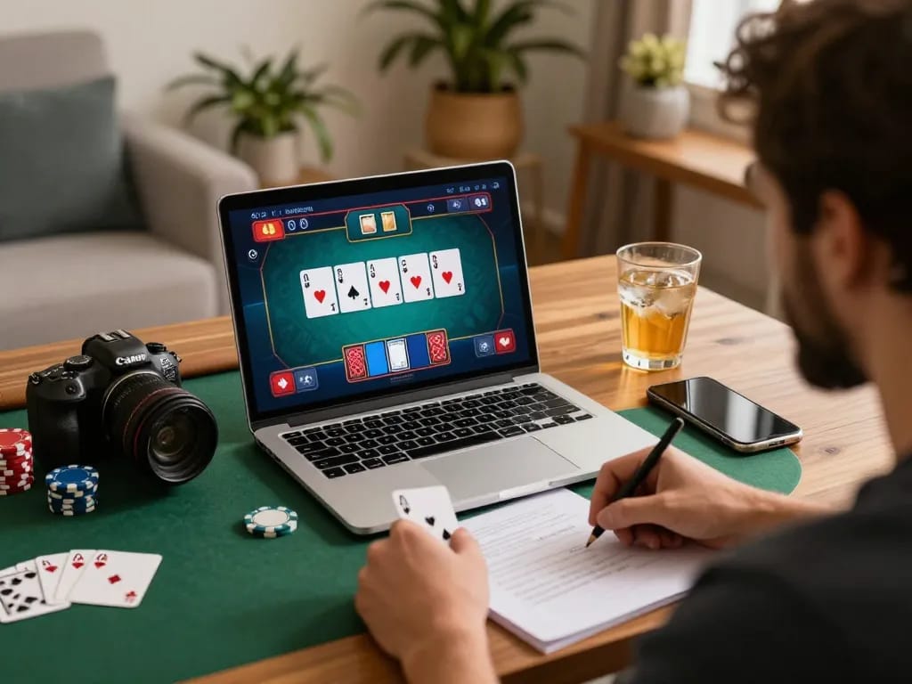 MM88 player strategizing poker moves while gaming online from a cozy home set-up.