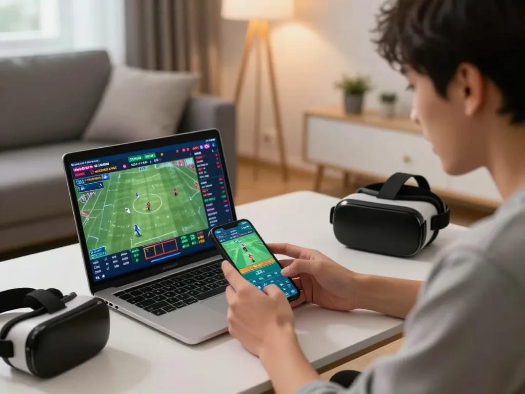 Person using mobile device for 999bet sports betting in modern living room, showcasing a lively online gaming atmosphere.