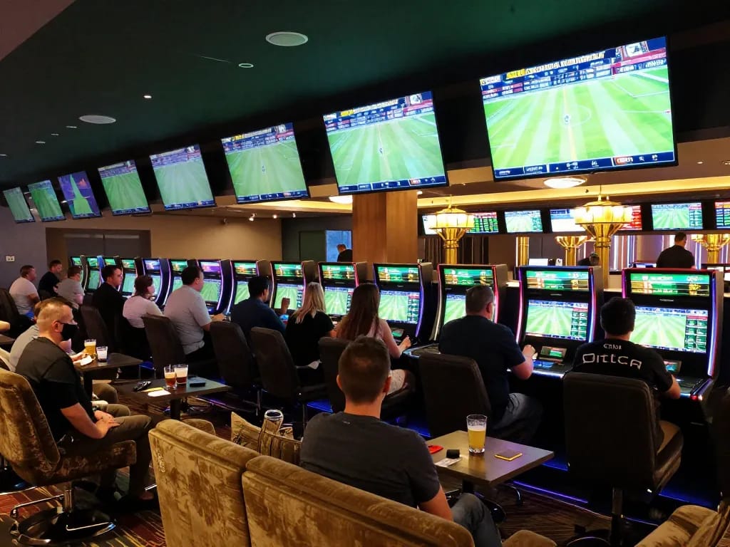 Engaging sports betting atmosphere at GMNC with bettors analyzing odds and cheering for live events