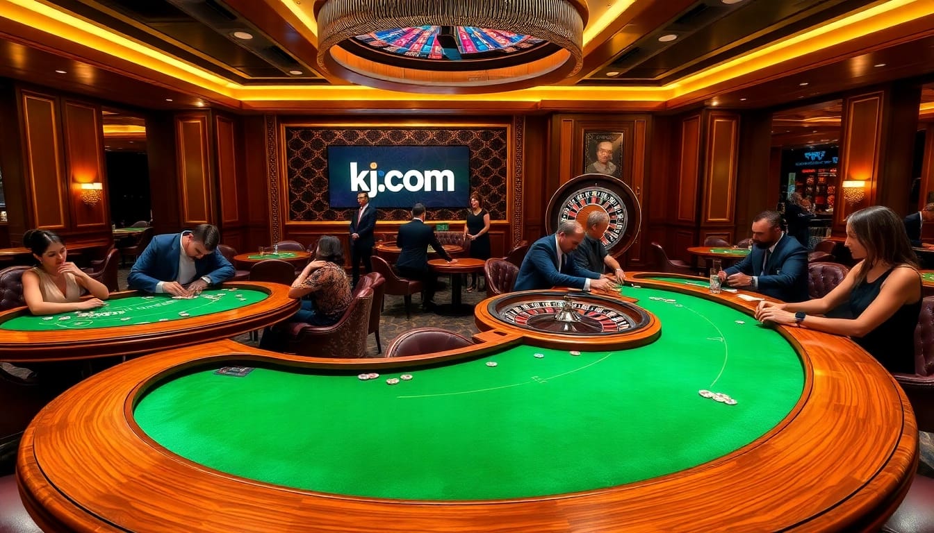 Engaged players at a luxurious casino table game experience on kjc.com showcasing poker action and excitement.