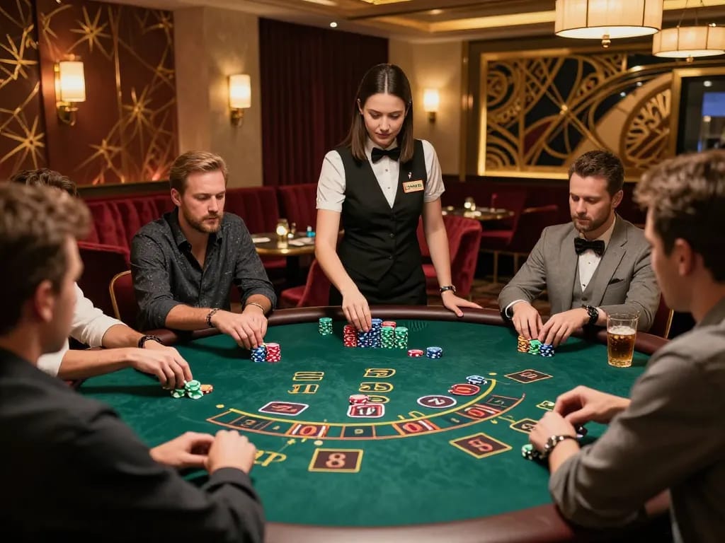 Engaged players at HITCLUB blackjack table focus on strategy and high-stakes action amid elegant decor.