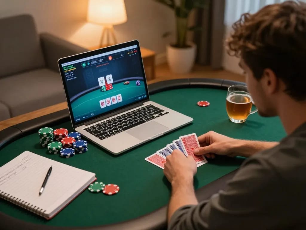 Hitclub online poker game in a cozy home environment, showing player focused on cards.