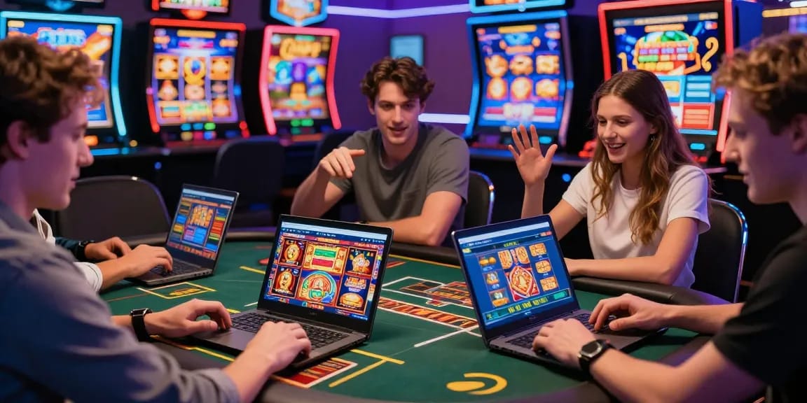 Excited players engaging with jumpspace.org.uk credit card casinos on mobile and laptop devices in a vibrant online gaming environment.