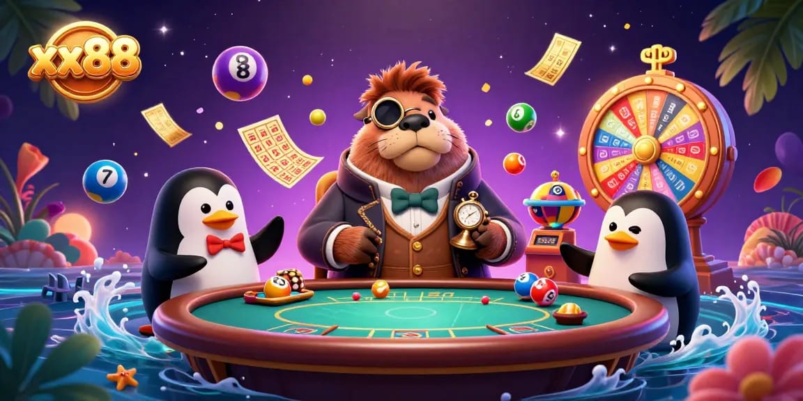 Experience the thrill of xx88 with a jolly walrus bluffing at an underwater poker table.