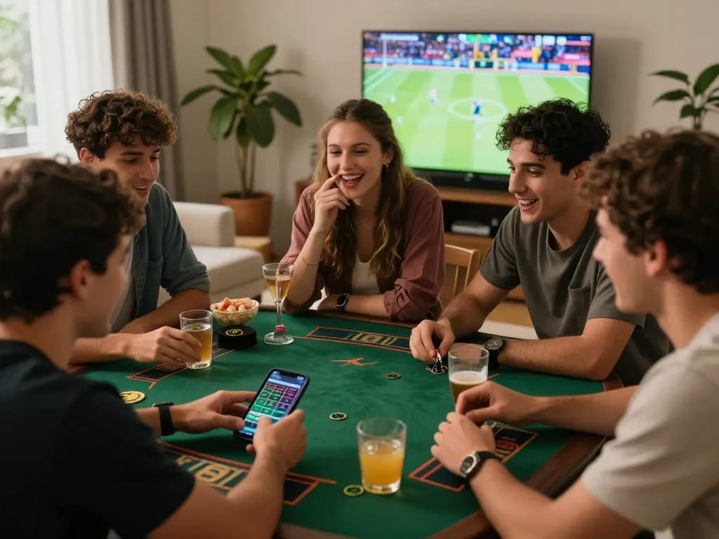 Friends enjoying sports betting with rikbet app on smartphone, lively atmosphere, sports game on TV.