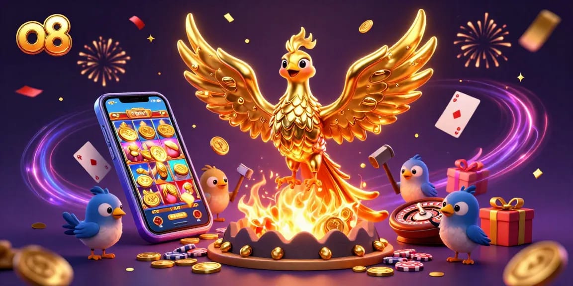 Bet on exciting games in O8 with a phoenix bursting forth gold coins and vibrant casino elements all around.