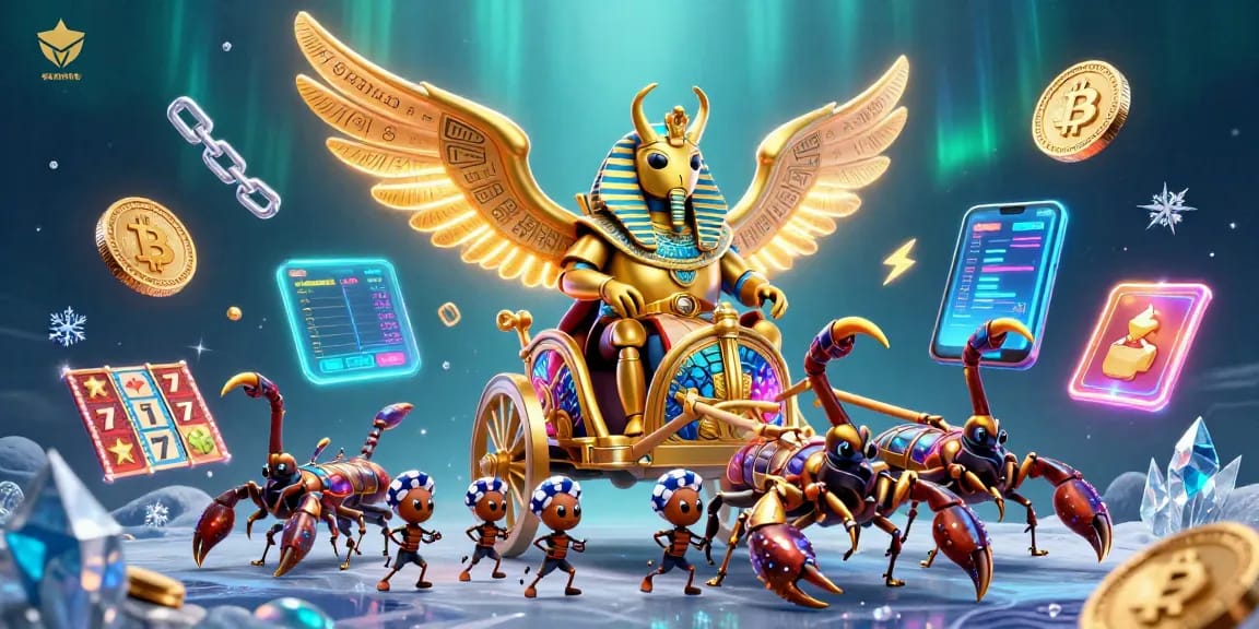 Engage with sunwin's thrilling casino experience featuring a colossal golden scarab amidst vibrant jackpots.