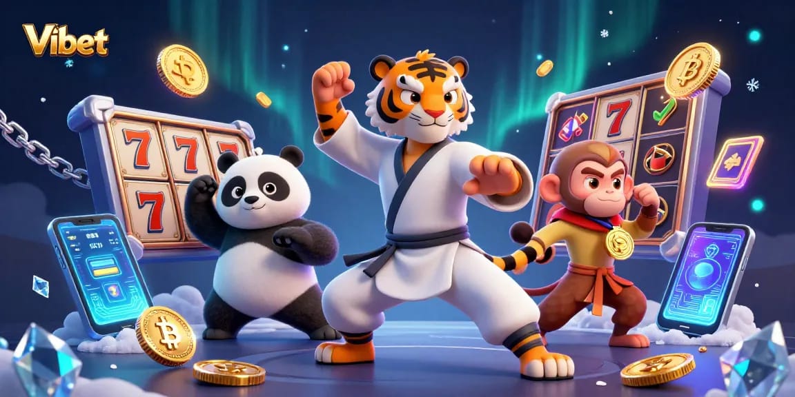 Vibet engages players with dynamic slot reels and cheerful characters in an exciting casino scene.