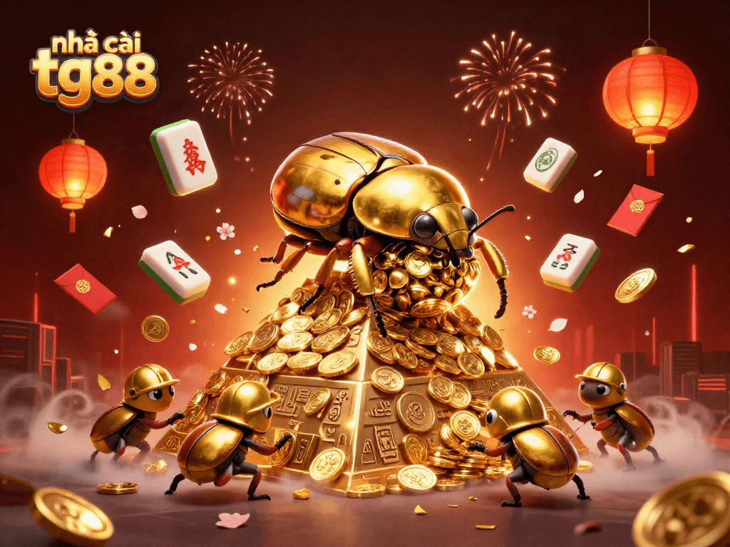 Experience the excitement of nhà cái tg88 with a vibrant 3D scene featuring golden dung beetles and casino elements.
