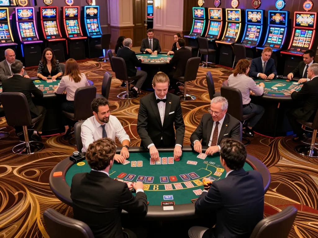 Players engaging at blackjack tables in a lively casino scene showcasing sc88bn