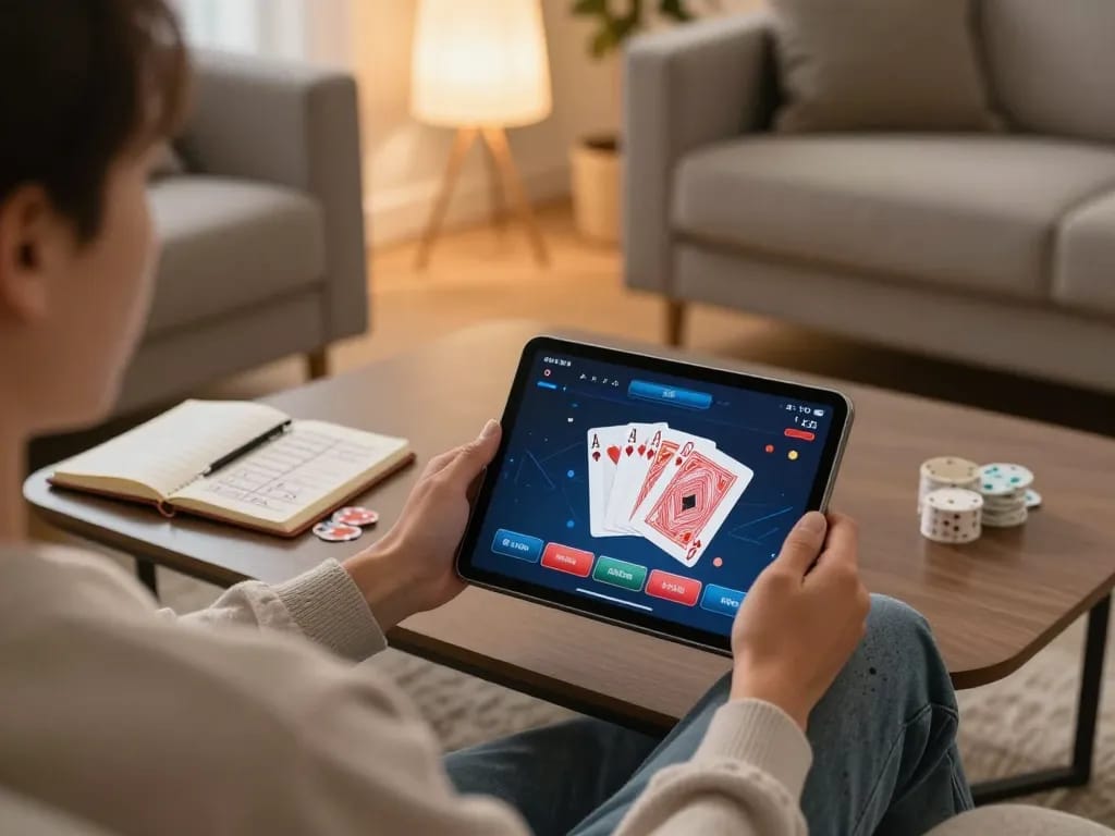 Engaging in online poker at https://789winn.click/ in a cozy home environment, highlighting strategy.