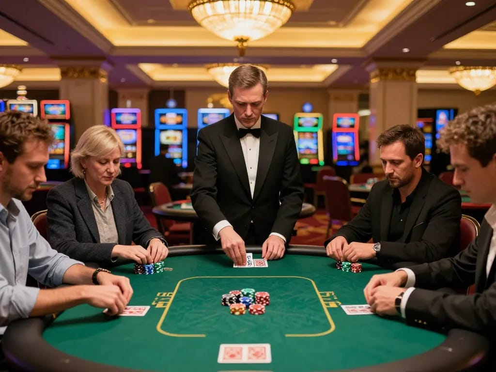 MM88 players engaging in a tense poker game, showcasing premium casino experiences and high-stakes action