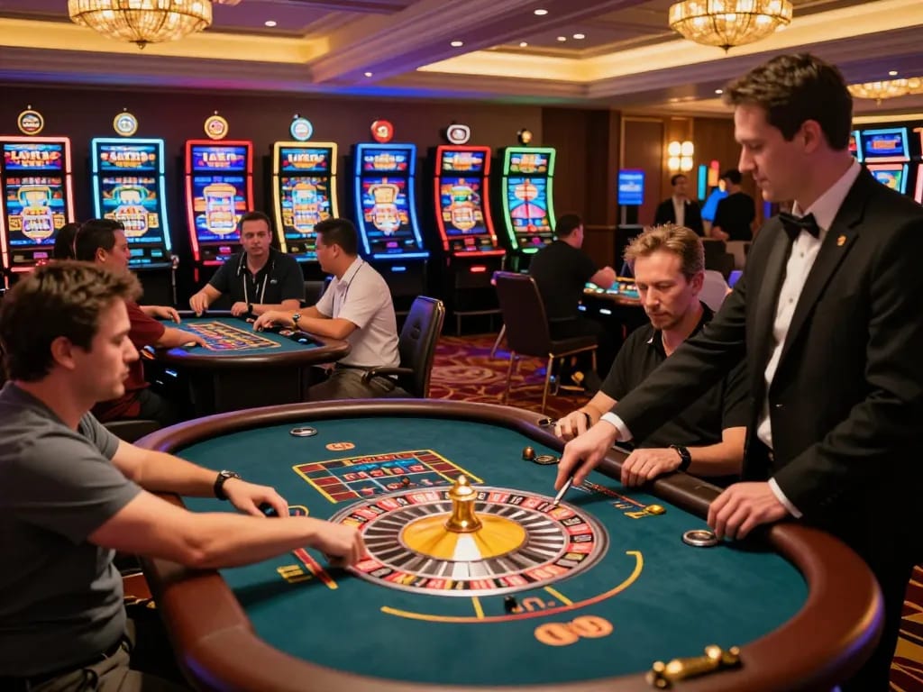 Engaging casino scene with players at Luck8 trang chủ participating in poker and slots, showcasing vibrant gaming atmosphere.