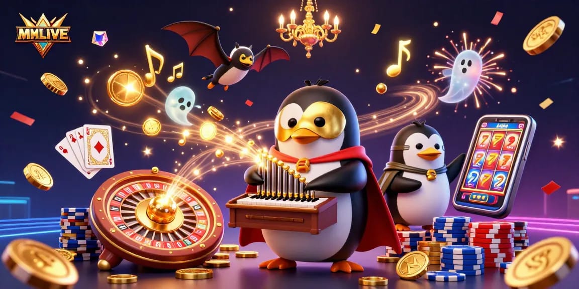 MMLIVE showcases a lively casino scene with a cartoon penguin and a bat acrobat, featuring animated coins and dynamic gaming elements.