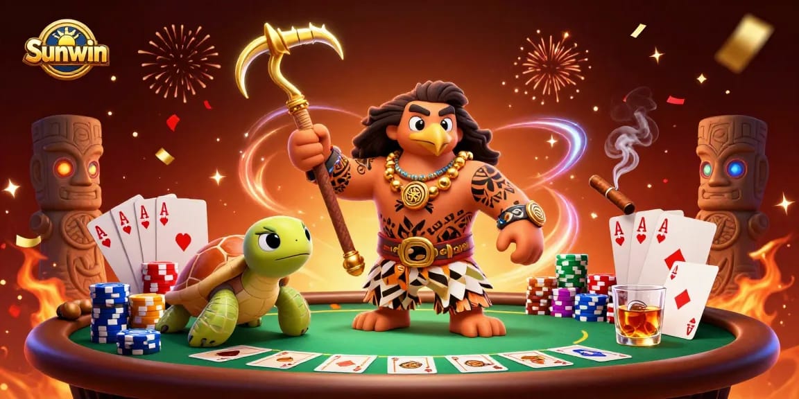Engage in poker at Sunwin with a vibrant 3D scene featuring a demigod hawk and turtle.