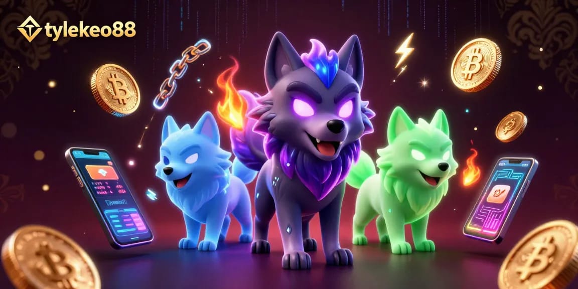 Engage with sports betting insights at tylekeo88, showcasing glowing wolf pack leaders and crypto elements.