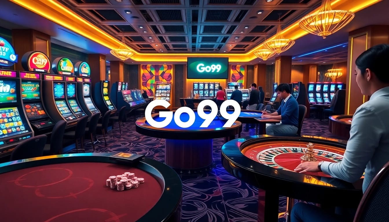 Go99 online casino gaming scene with vibrant slot machines and poker tables.