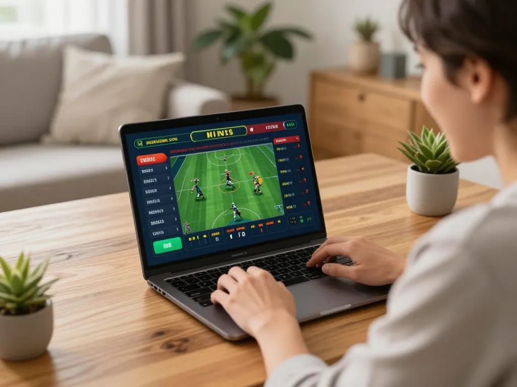 Usbet user interacting with online betting interface in a cozy home setup.