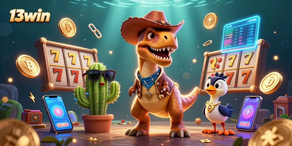 Spin the slots and win big with 13win in this vibrant casino illustration featuring T-Rex and friends.