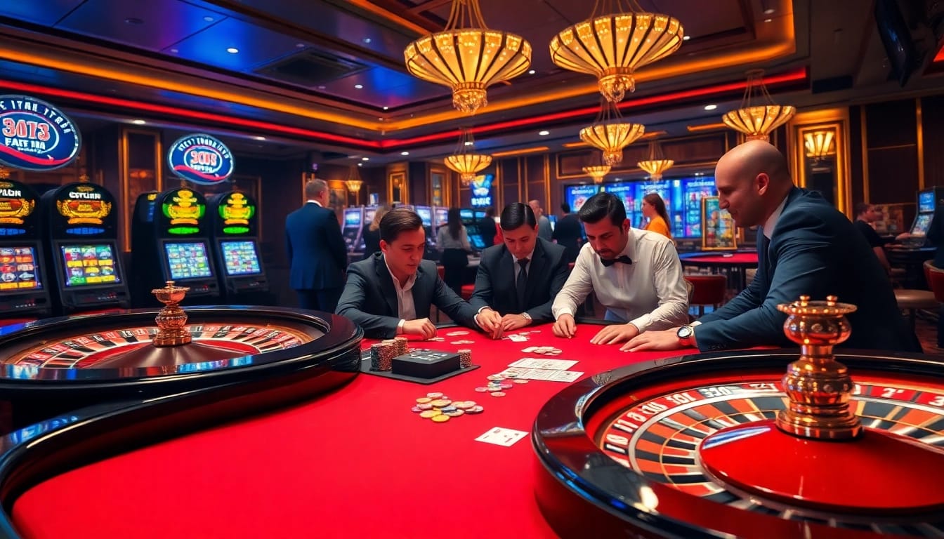 Players engage in a high-stakes poker game at a luxury casino featuring luck 8 elements.