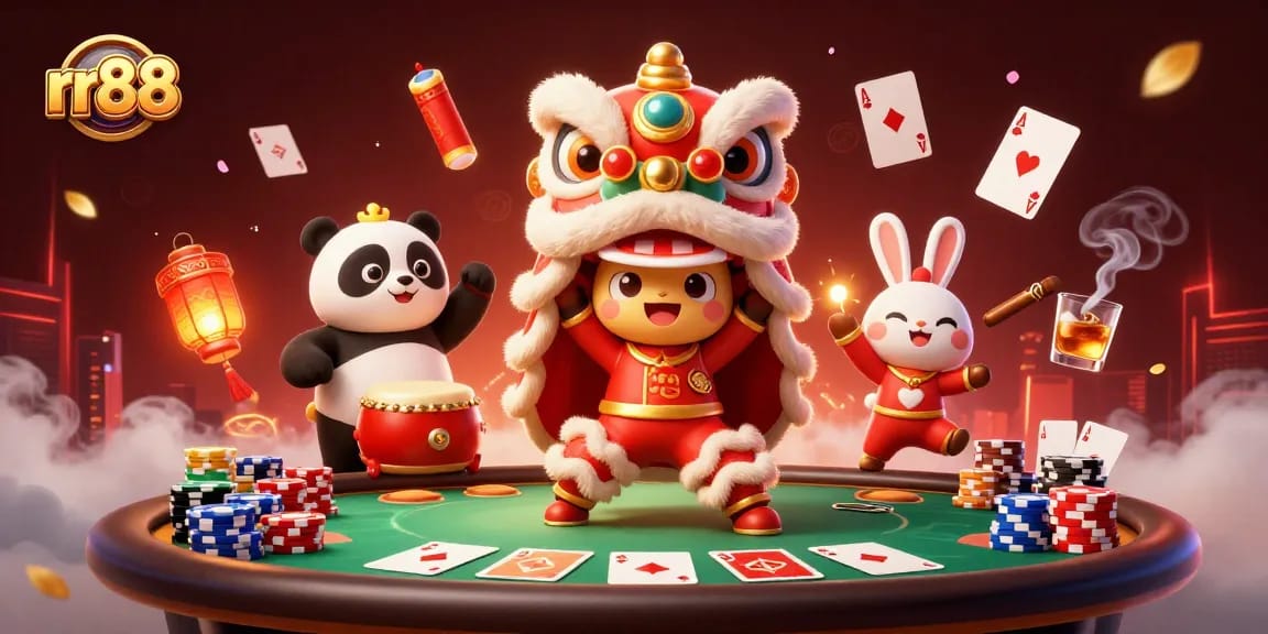 Engage with rr88 as characters celebrate with games, poker chips, and festive elements.