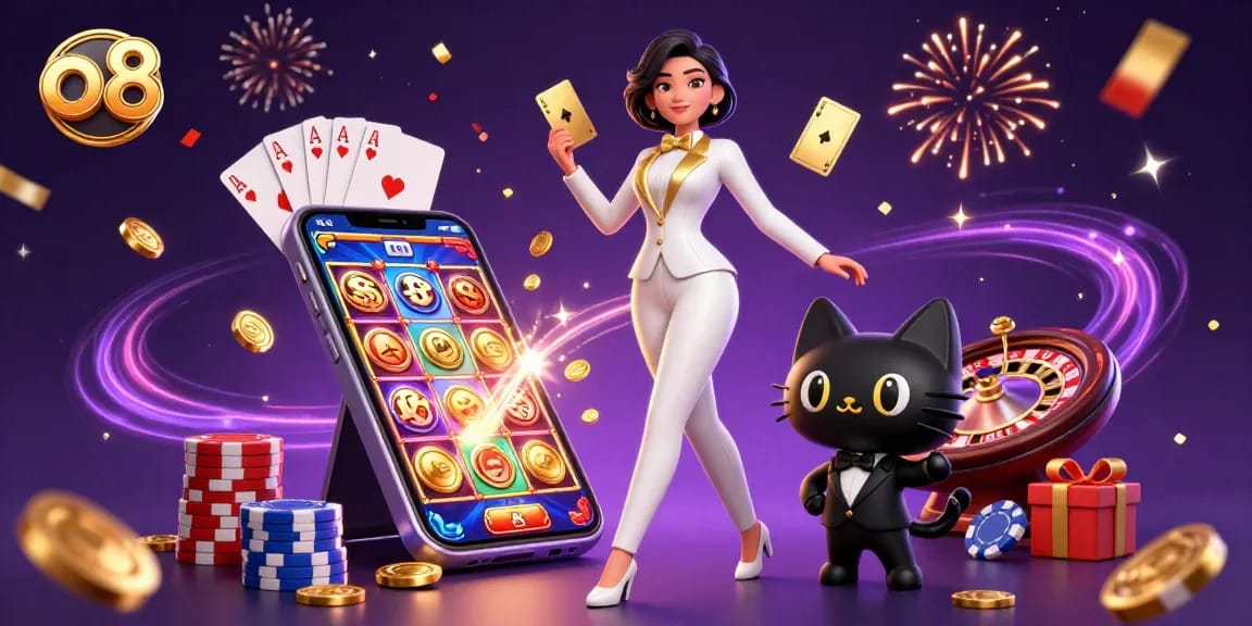 Play exciting games at o8, featuring a glamorous dealer and a playful black cat amidst vibrant casino elements.
