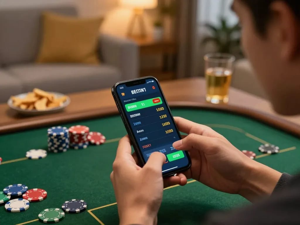 Engaging in live betting at home via smartphone with keonhacaivn odds displayed on-screen.