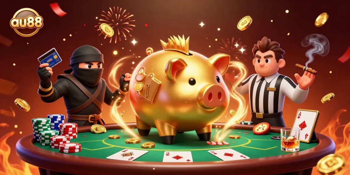 Experience thrilling wins at au88 with a vibrant casino scene featuring energetic characters and poker elements.