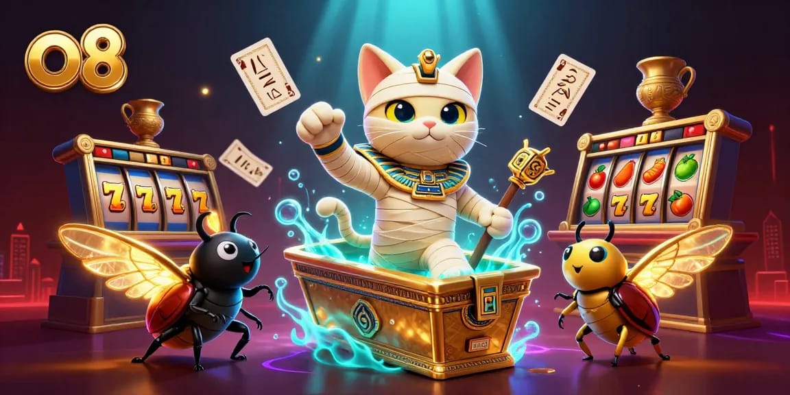 Immerse in the excitement of o8 with this vibrant 3D depiction of a mummy cat revealing jackpot slots amidst shimmering treasures.