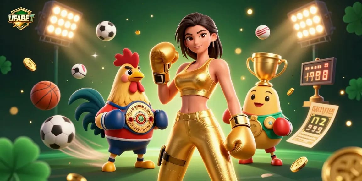 Experience the thrill of betting with UFABET in this vibrant casino illustration featuring engaging characters and dynamic sports elements.