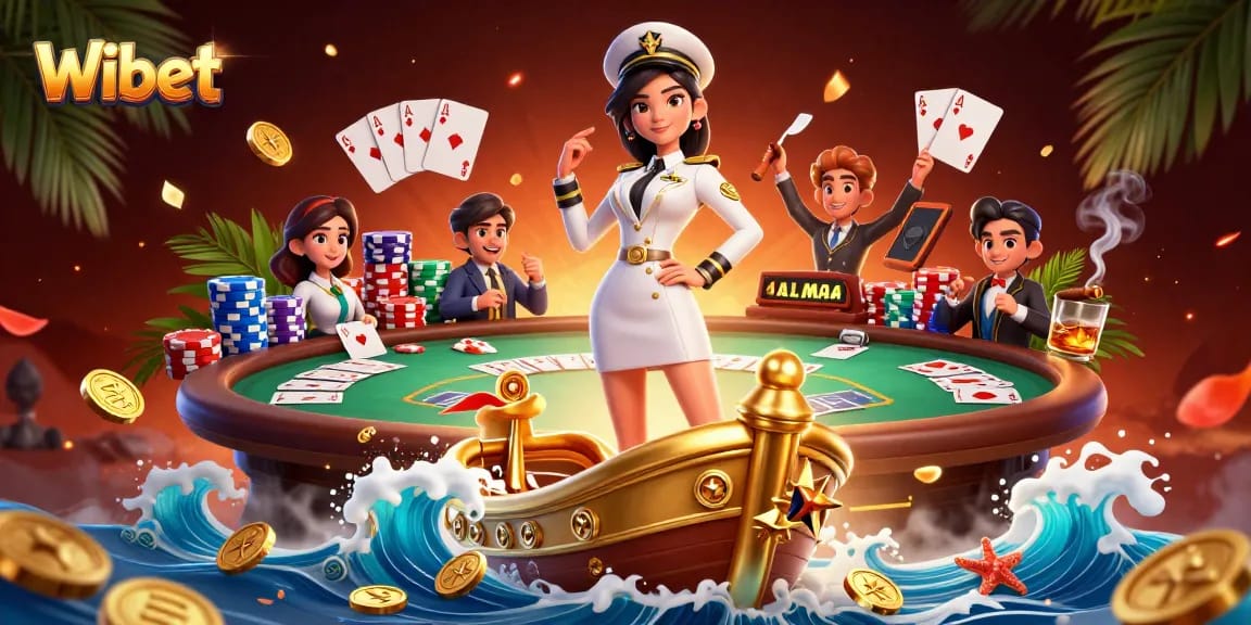 Wibet showcases an engaging casino scene with poker elements, vibrant colors, and captivating characters